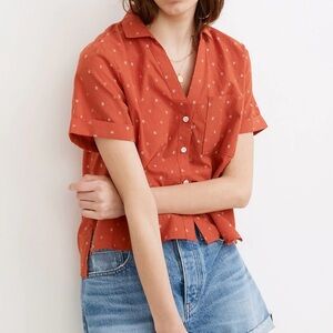 Madewell V-Neck Pocket Shirt in Floral Jacquard Burnt Orange Red Button Up XL